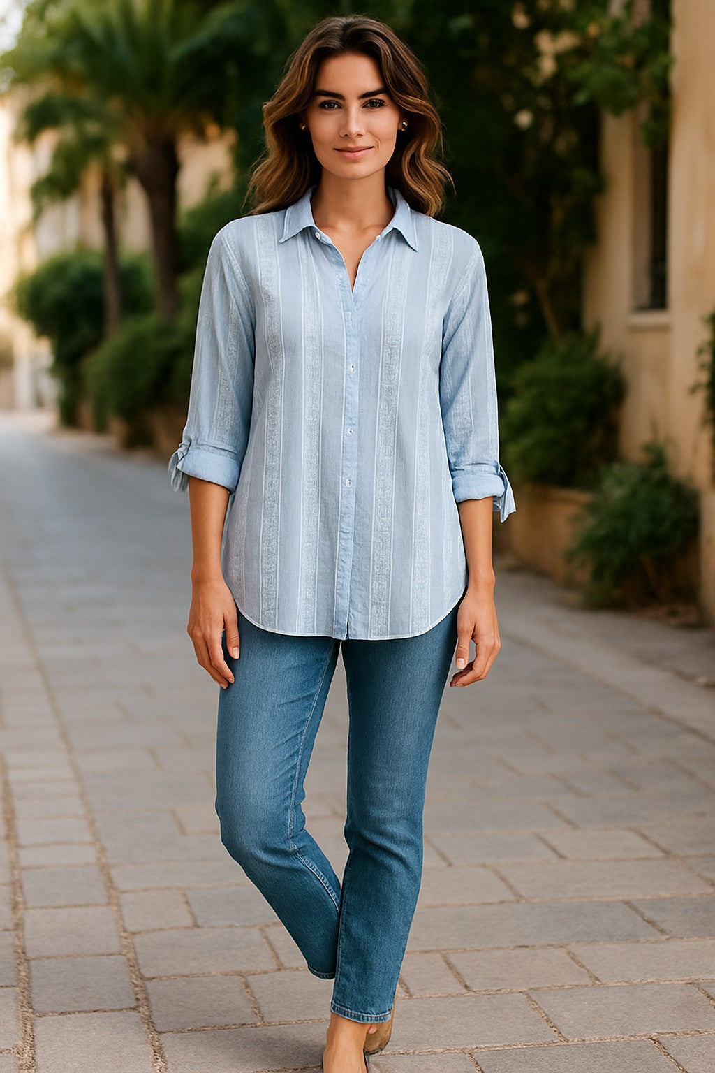 LX2536J - Embroidered Stripe Cotton Blouse